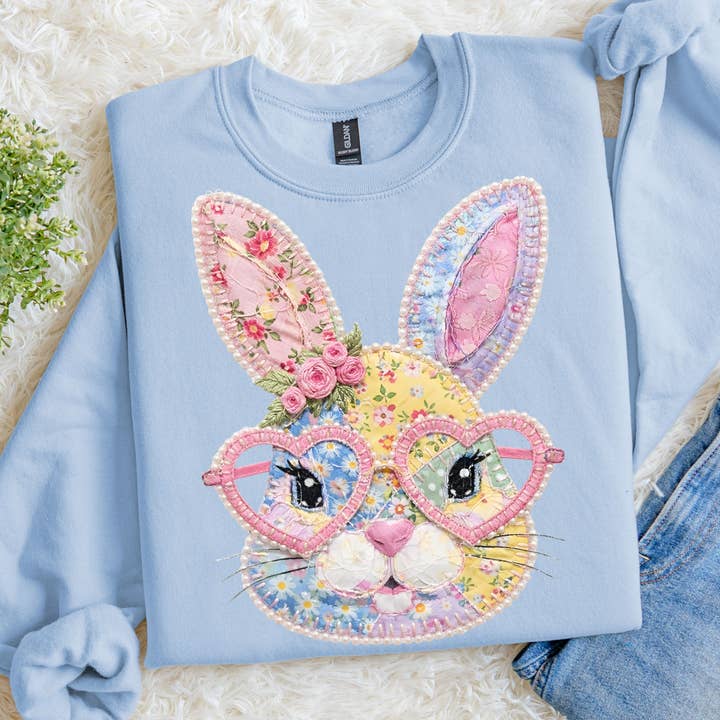 Faux Patchwork Girly Bunny Sweatshirt, Quilted Easter Rabbit for wholesale by Southern Rheas