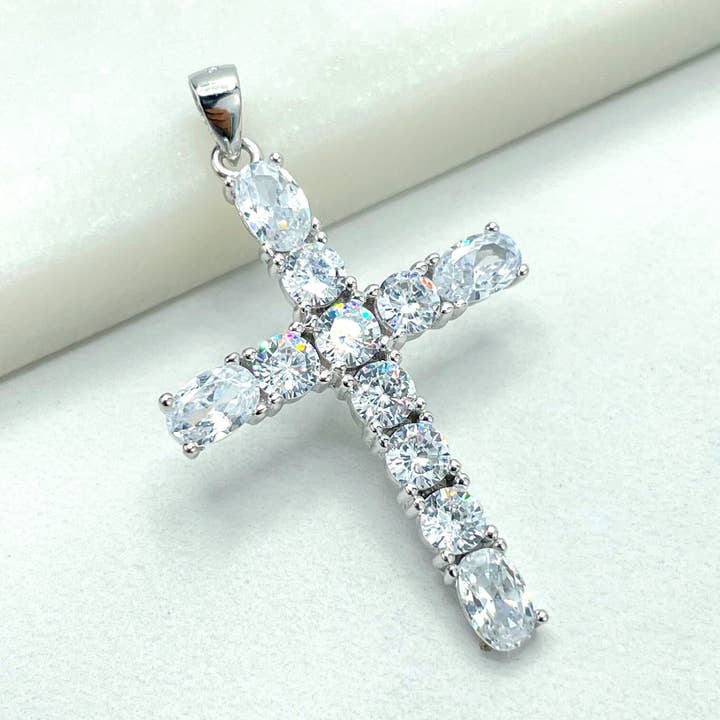 925 Sterling Silver Clear Cubic Zirconia Cross Shape Pendant Charm, Oval & Round Zirconias Shape, Wholesale Jewelry Making Supplies for wholesale by DIJU Jewelry