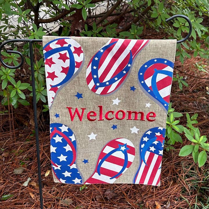 Americana Flip Flop Burlap 2-Sided Garden Flag 12.5x18" for wholesale by JEC Home Goods Inc