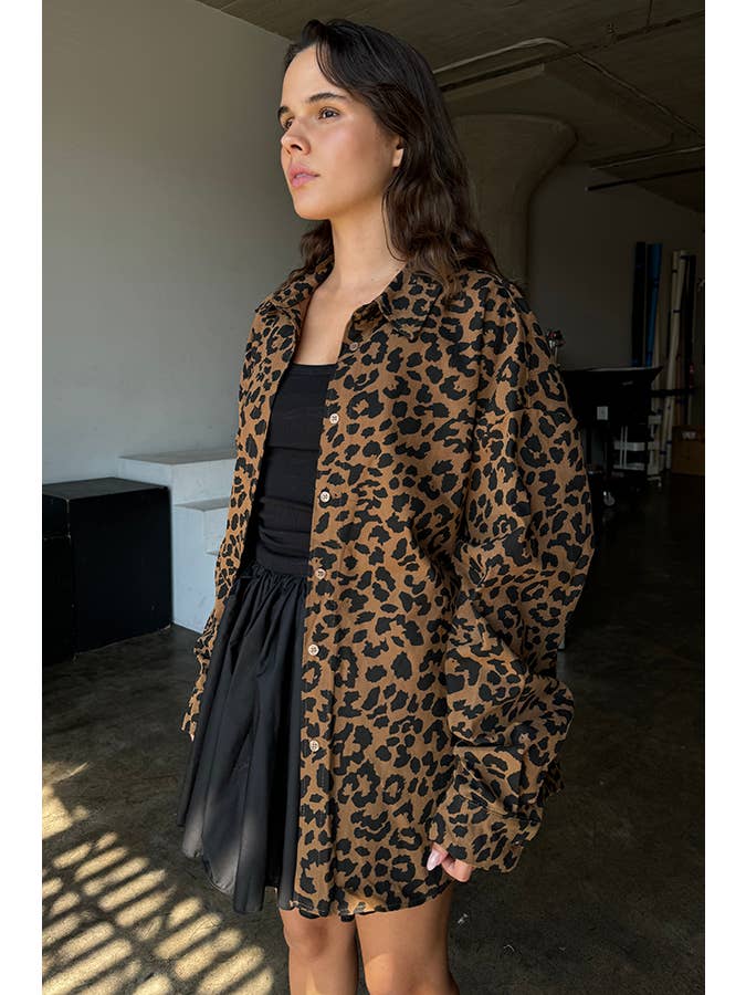 Brun Skjortejakke med twill leopardprint med knap for engroshandel på Faire