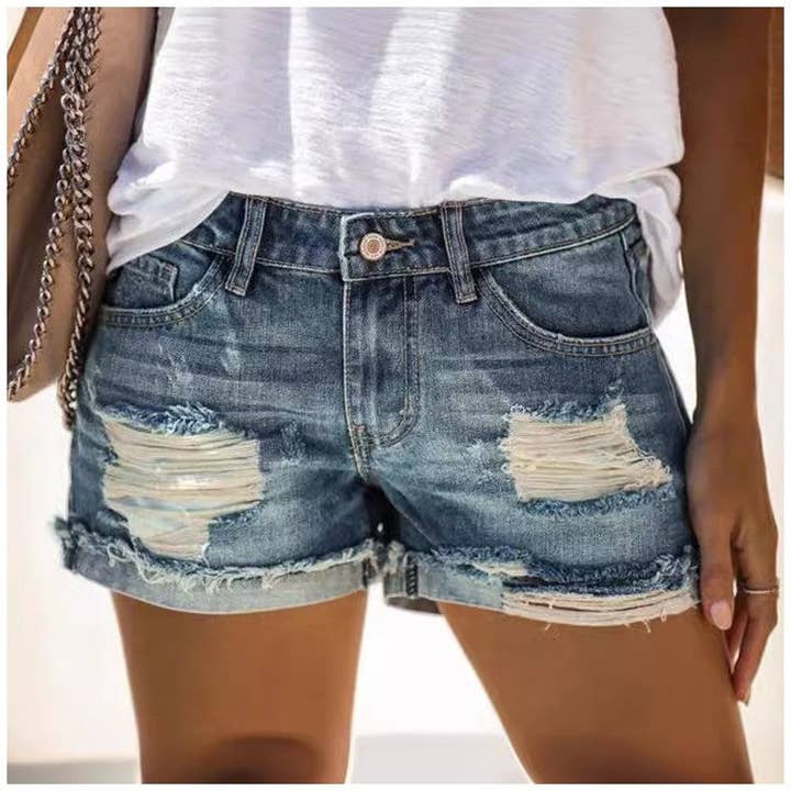 Pantalones cortos denim rasgados de cintura alta para venta al por mayor de UZ Wholesale Store