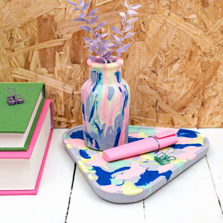 Jesmonite blue & neon marbled design vase & tray set for wholesale by Nine Angels
