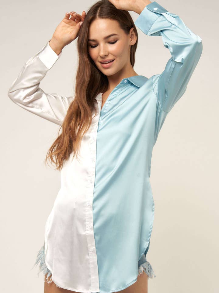 SATIN KONTRAST FARVE BLOK KNAP NED SKJORTE for engroshandel hos Hers & Mine