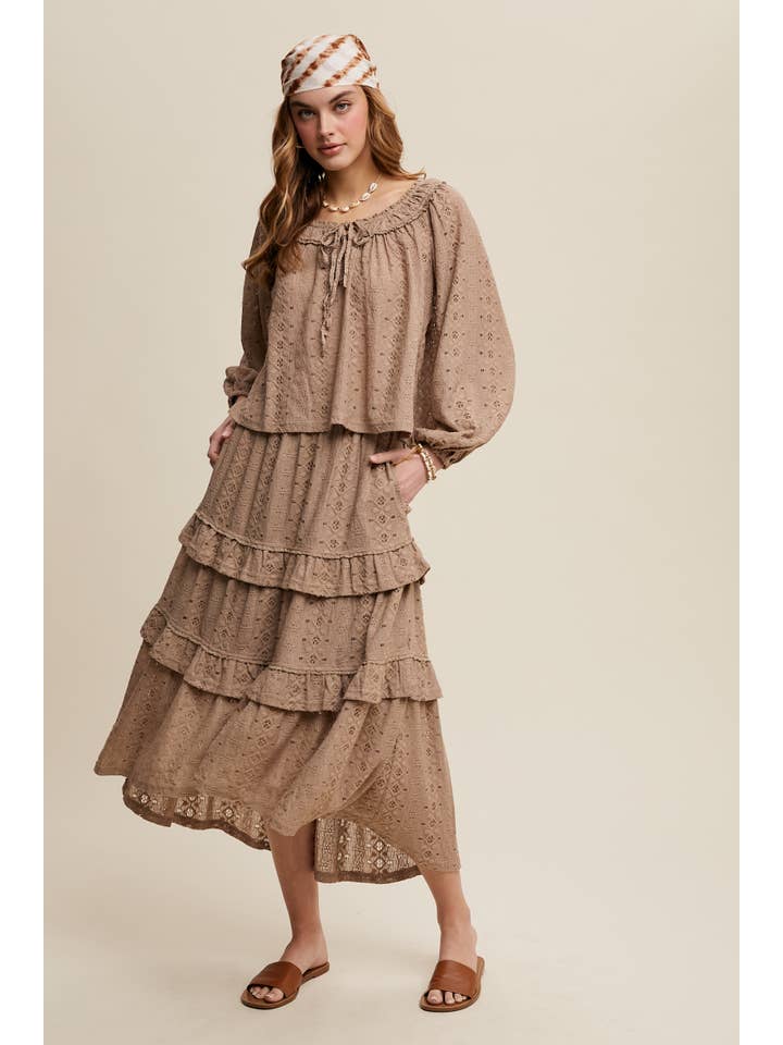 Listicle - Wholesale Top & Skirt Set - Women's - Boho Lace Tiered Maxi Skirt Set