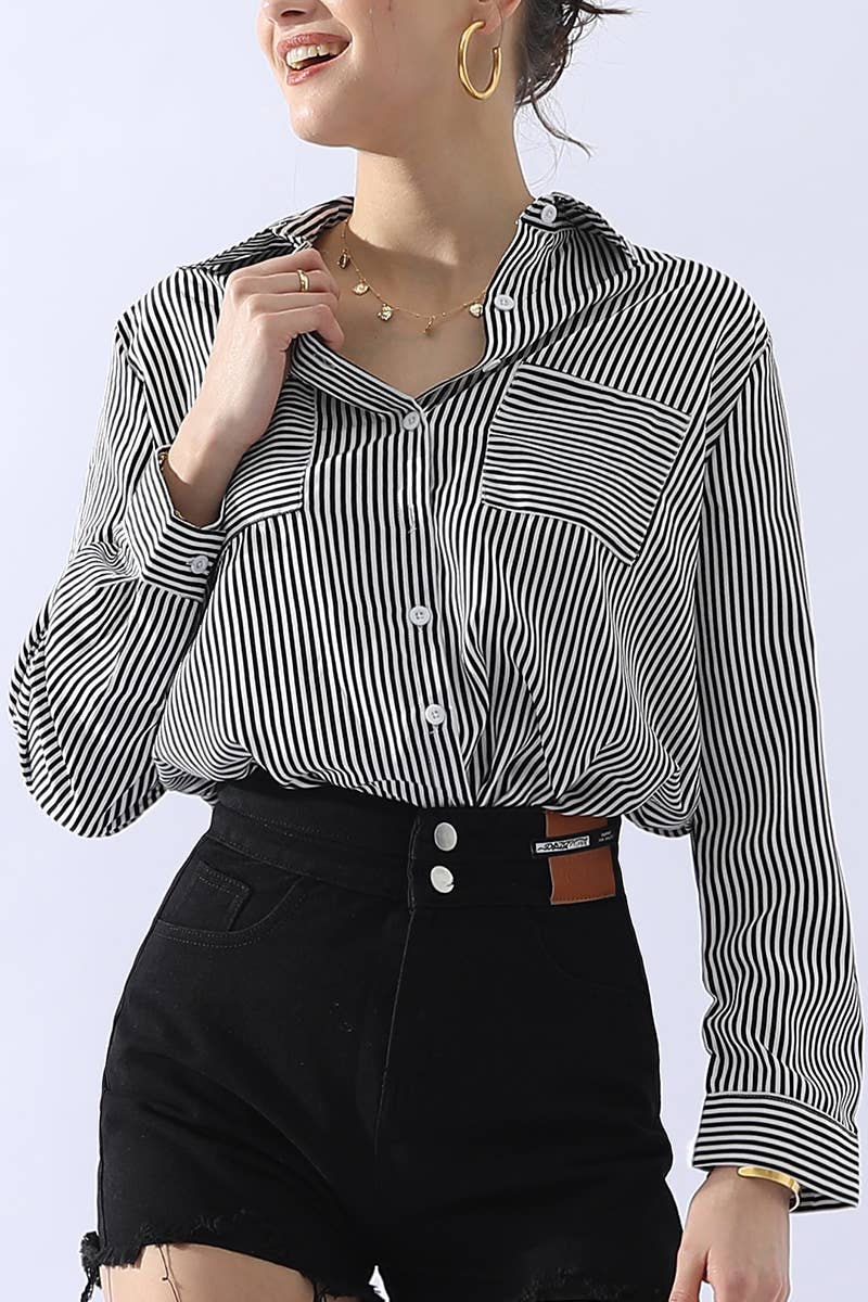 NINEXIS - Wholesale Button Down Shirt - Women's - CWTSTL716_Striped Button Down Long Sleeve Collared Shirts1