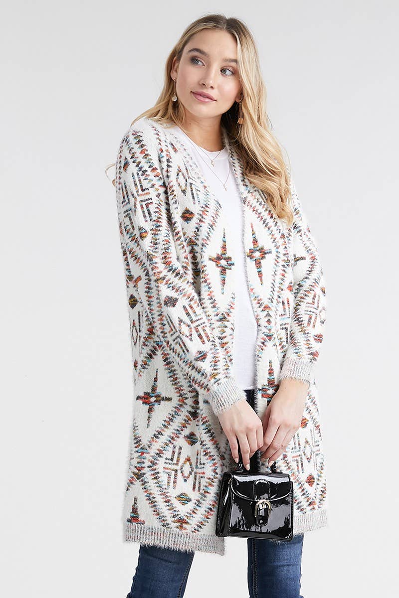 Oceanus Apparel - Wholesale Cardigan – Women’s - OUG10209 Abstract print long knit cardigan sweater1