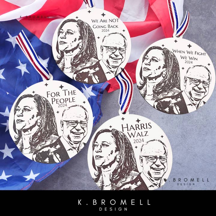 Harris Walz 2024 Engraved Portrait Election Ornament for wholesale by K Bromell Design
