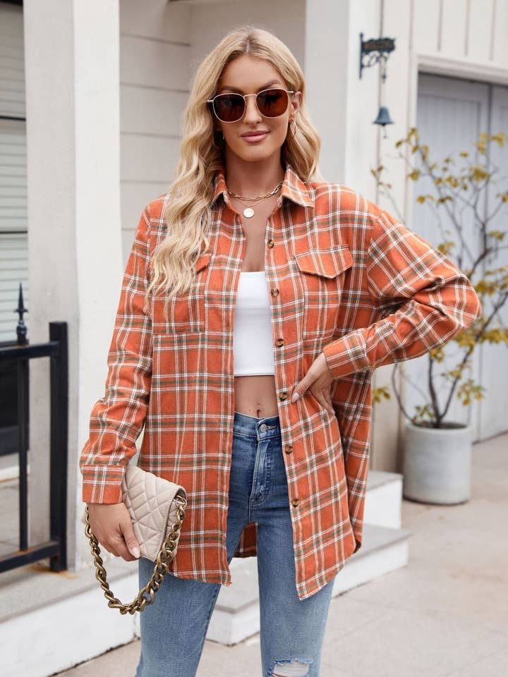 Suhkasana - Wholesale Button Down Shirt - Women's - Women’s Casual Plaid Shirt with Pockets Loose Fit Fashion Top12