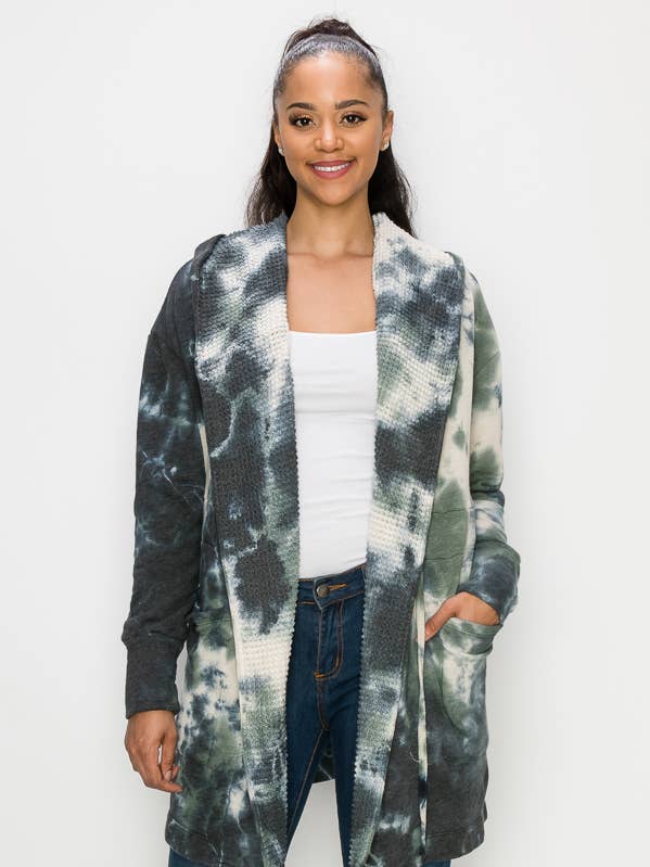 Cardigan à capuche contrastant à manches longues et tie-dye pour la vente par T-Party