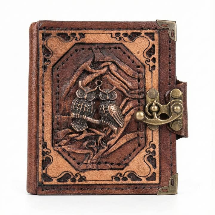 Diario da disegno in pelle con 2 mini gufi, stile retrò vintage per la vendita all'ingrosso da parte di ML Marcaleather