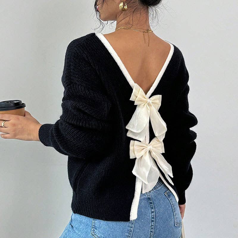 HIDDENBRAND - Wholesale Knit Sweater - Women's - Christmas Bow Decor Backless Knit Pullover Sweater3