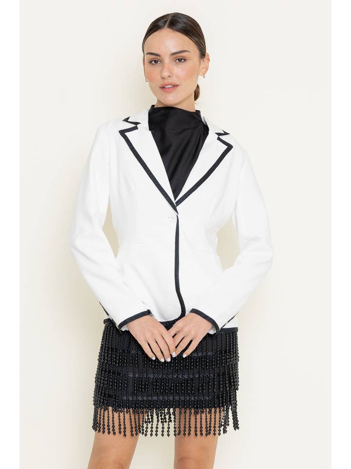 WHITE BLACK CLASSY PREPPY CHIC COLORBLOCK CONTRAST TRIM BLAZER-OI6527FO for wholesale on Faire
