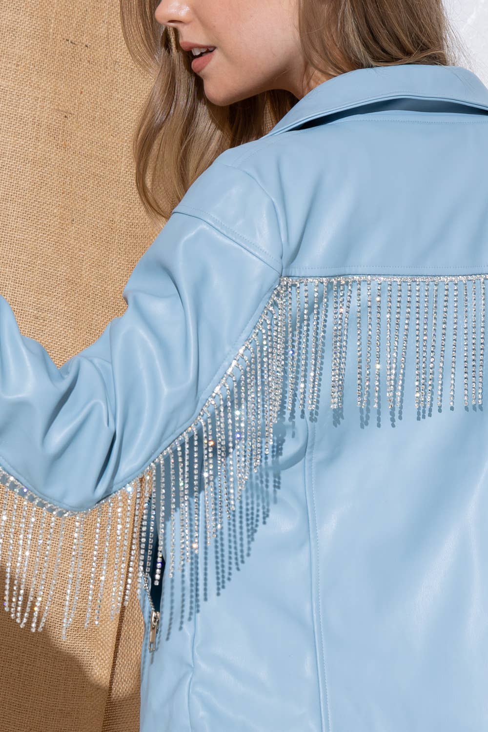 Blue B – wholesale Leather jacket – Women′s – 31959J - Faux Leather Moto Jacket Rhinestone Fringe Back0