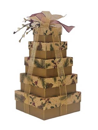 Pine on Kraft 5 Tier Tower for wholesale by All Wrapped Up Custom Gift Packaging