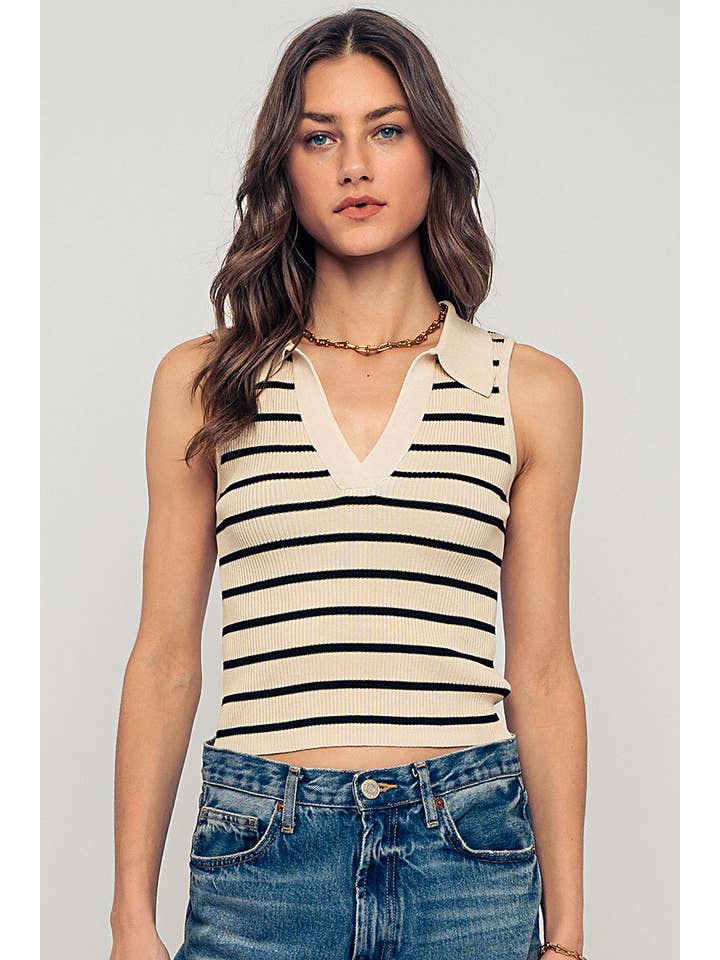 Urban Daizy - Wholesale Knit Top - Women's - Retro Preppy Striped V Neck Sleeveless Ribbed Polo Crop Top
