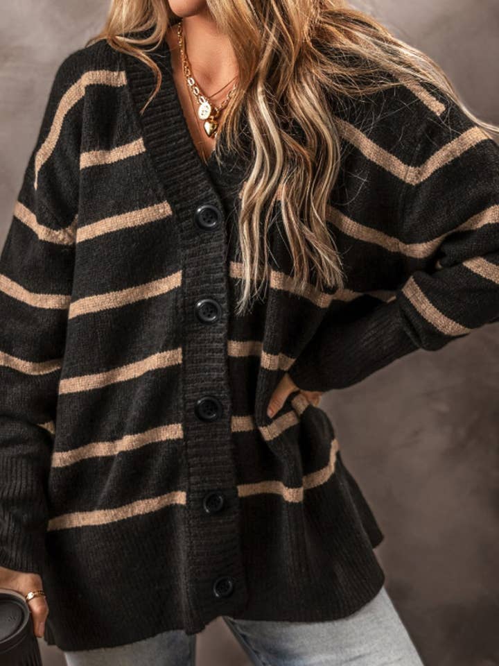 Cardigã listrado de manga comprida com botões por atacado de ClassiQ