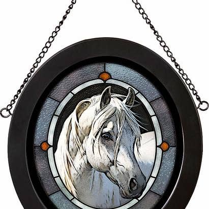 CHEVAL GRIS CADRE OVALE EN VERRE 9X8 - WEIRS pour la vente par Art Brand Studios