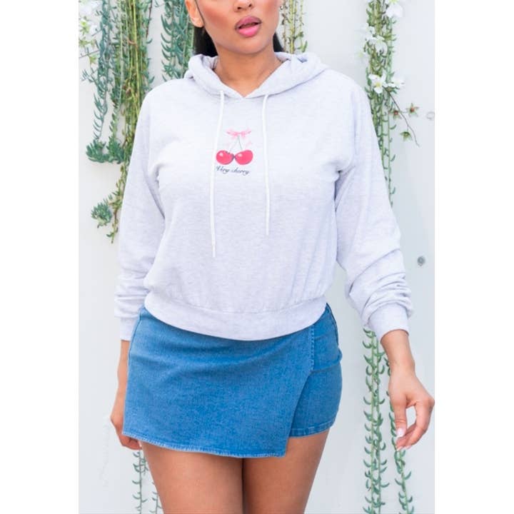 93080 Cherry Print Drawstring Hoodie Crop Top for wholesale by Coloring You