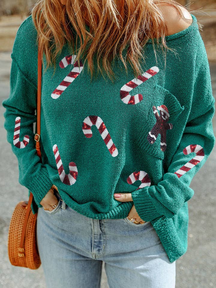 Green Sequined Candy Canes Gingerbread Man Sweater for wholesale on Faire