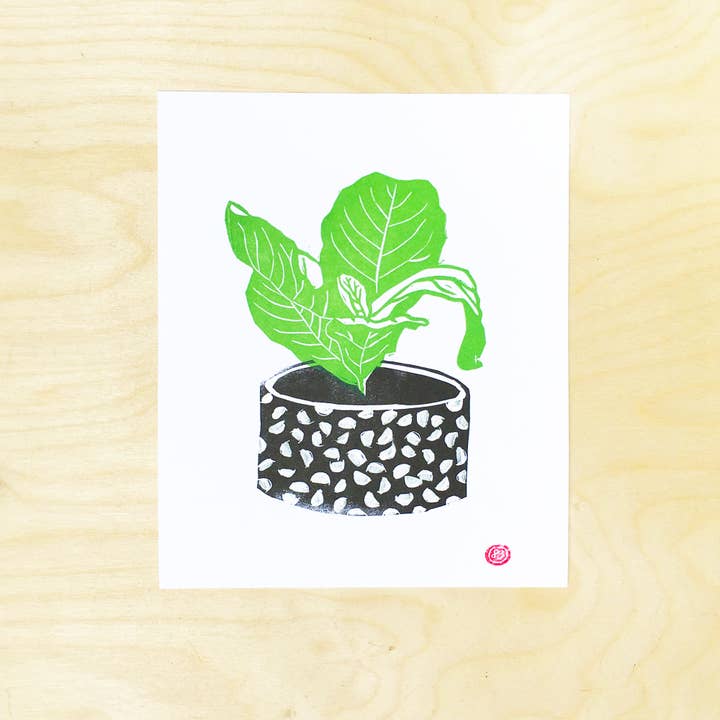 Stueplante 8x10 Linocut Print for engroshandel hos Loaded Hips Press