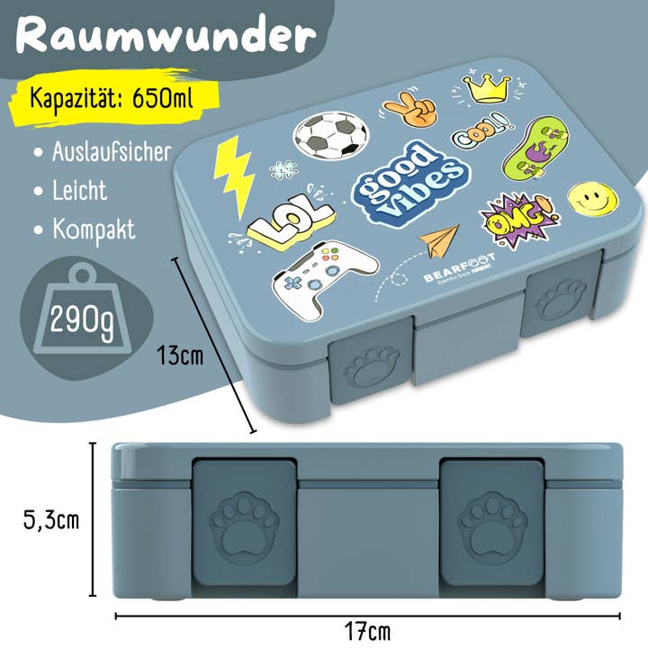 BEARFOOT – Großhandel Lunchbox/-tasche – Kinder – Brotdose mit Fächern, leicht & auslaufsicher - Sticker blau5
