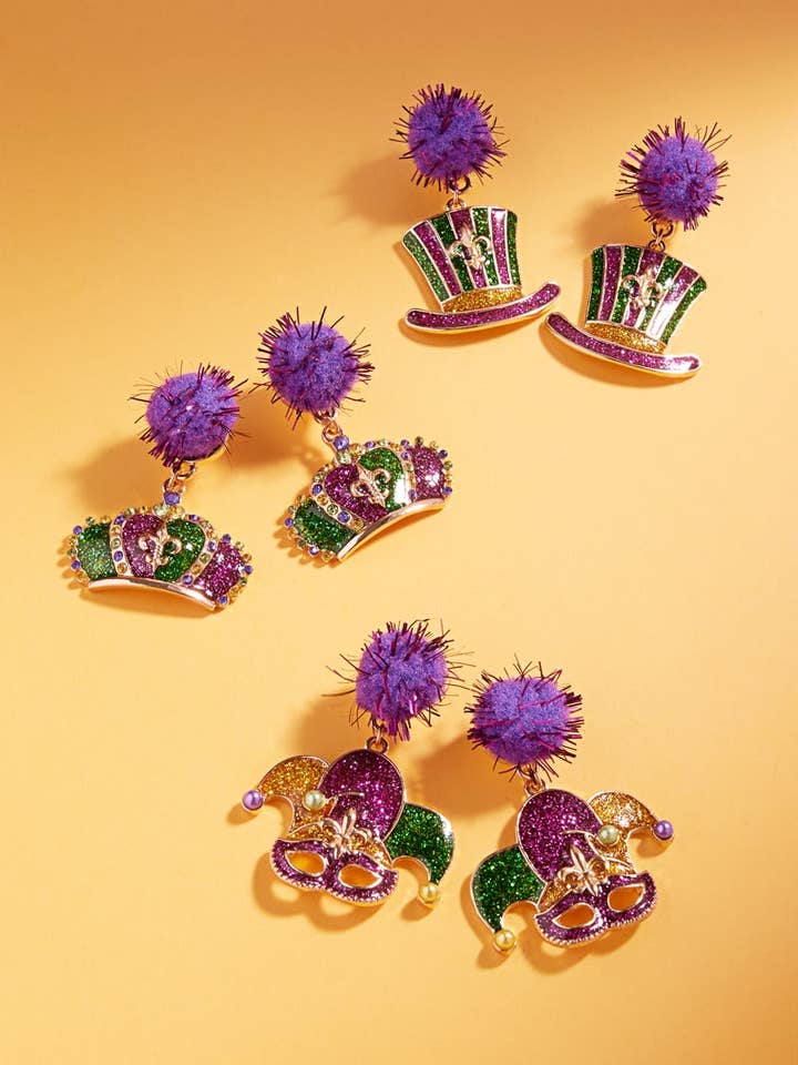 Boucles d'oreilles à pompons colorés et émail Mardi Gras pour la vente par Designature New York