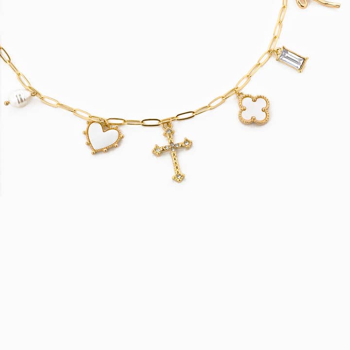 Sessori - Wholesale Pendant/Charm Necklace - MOP Clover Multi Gold Charm Necklace