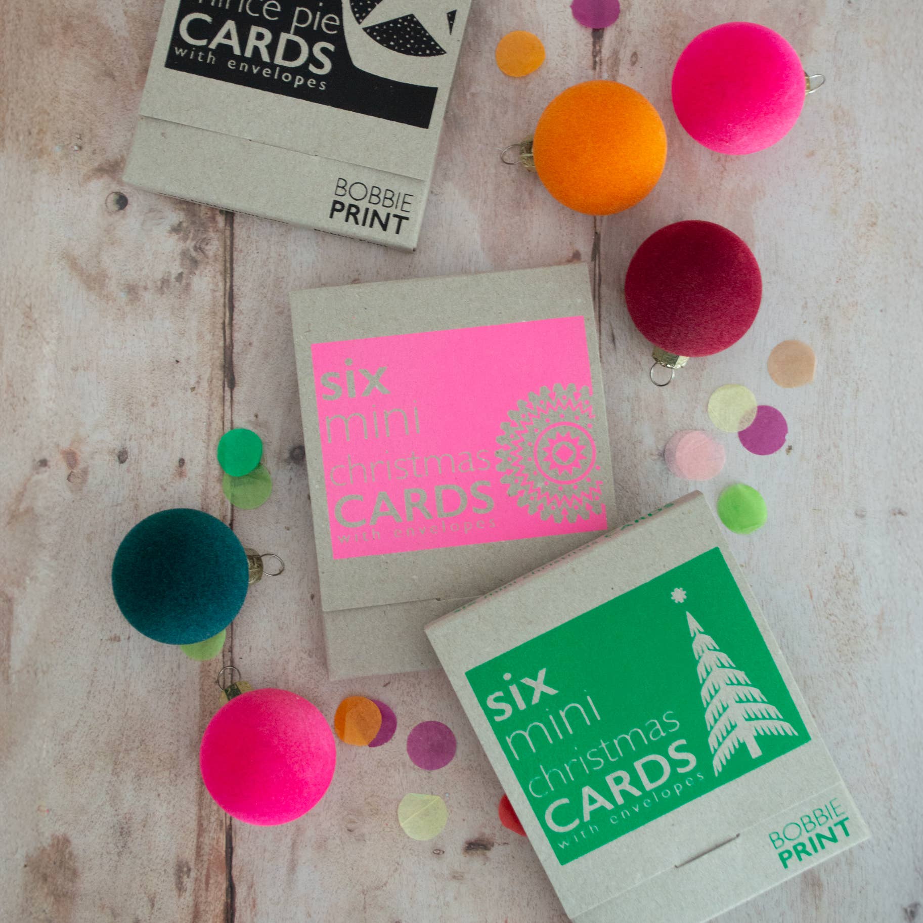 Bobbie Print – wholesale Christmas card – Boxed Set of 6 Mini Risograph Printed Christmas Cards Green7