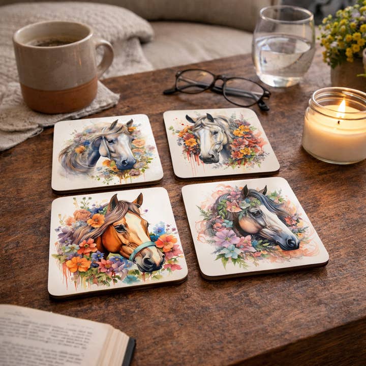 Pétales & Puissance : Ensemble de Sous-verres Chevaux pour la vente par Indigo Bob