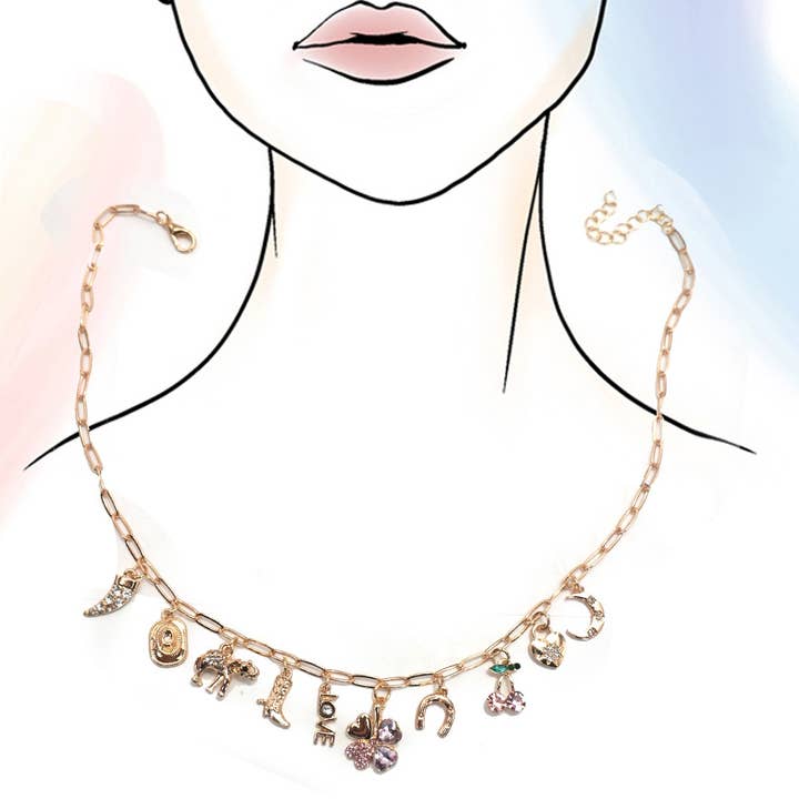 GOLD CHARM NECKLACE-WESTERN BOOTS HAT HORSESHOE HEART | 80N92178 for wholesale on Faire3