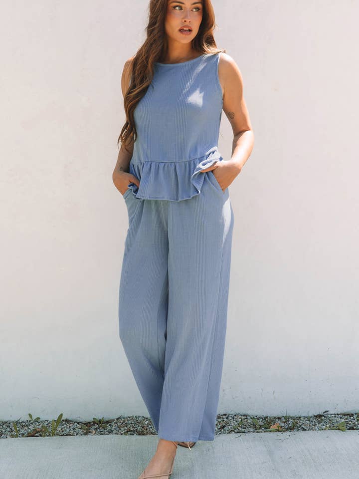 Beau Blue Solid Color Ribbed Ruffle Tank Top and Pants Set for wholesale on Faire13