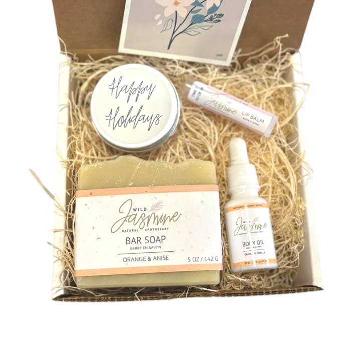 Orange Bath & Body Gift Box- Christmas, Birthday, Teacher for wholesale by Wild Jasmine Natural Apothecary