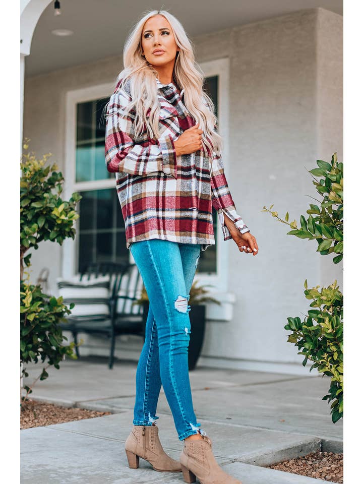 PRETTY BASH - Wholesale Shirt Jacket/Shacket - Women's - Plaid Pocketed Button Front Shacket2