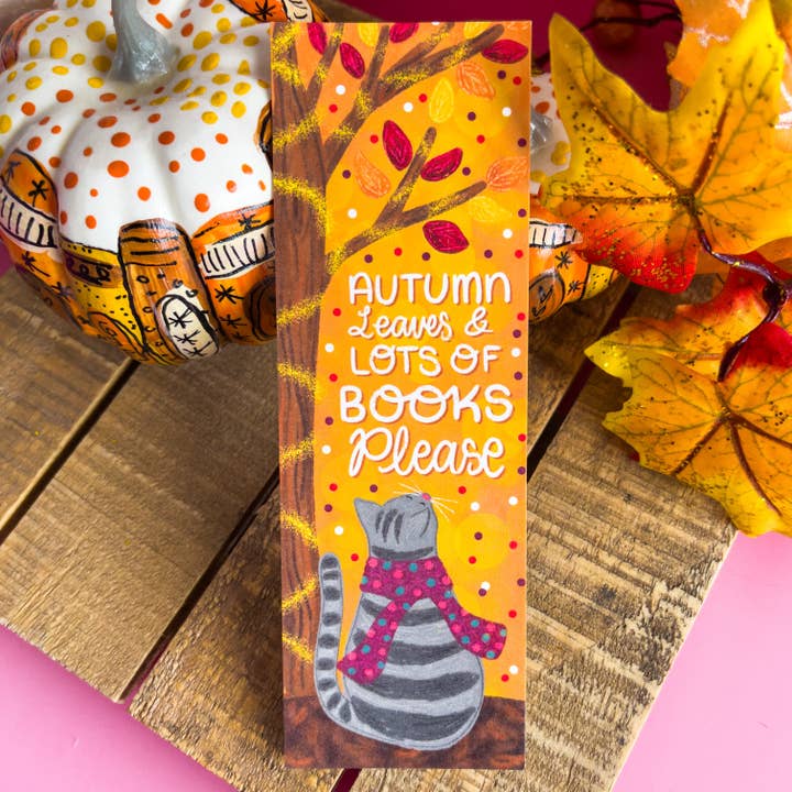 Emily Cromwell Designs - Wholesale Bookmark - Autumn Leaves and Lots of Book Please Cat Bookmark