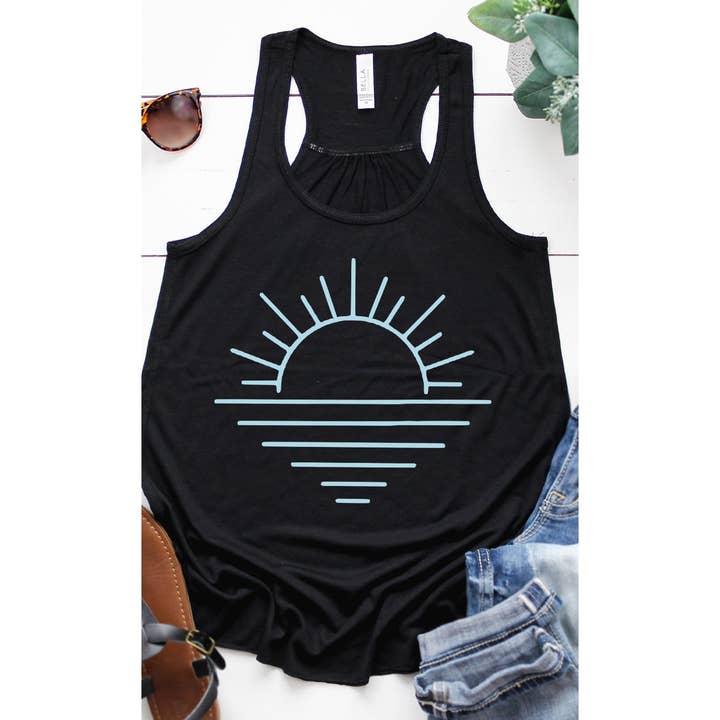 Blue Summer Sunset Graphic Flowy Tank for wholesale by Kissed Apparel