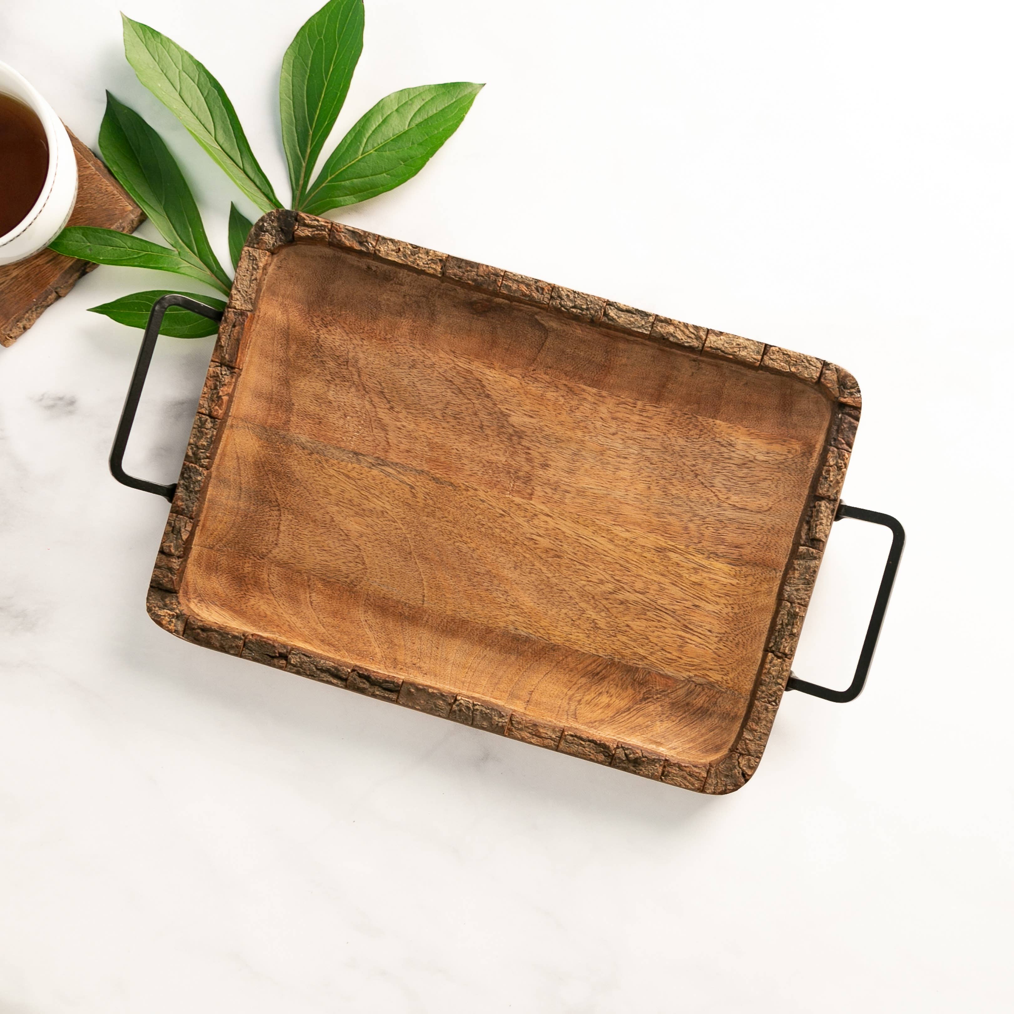 Valor Home Goods - Wholesale Serving Tray - Wood Bark Rectangular Handled Charcuterie Tray1