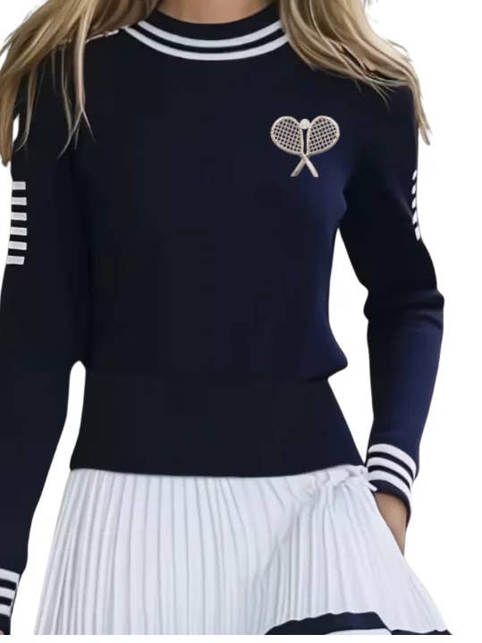 Pull de tennis ajusté - Bleu marine/Blanc pour la vente par Runway Athletics