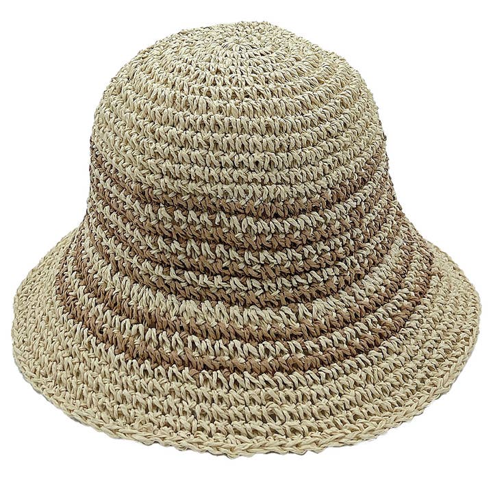 Fashion City - Wholesale Bucket Hat - Women's - Two Tone Stripe Straw Crochet Bucket Hat6