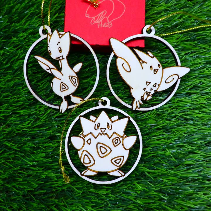 Wooden Engraved Pokémon Christmas Ornaments Togepi Evolution for wholesale by Herbs&Belles
