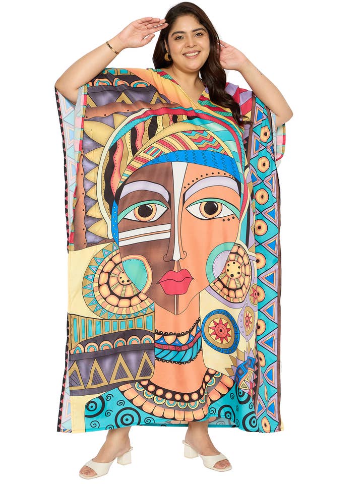 Robe Caftan Femme de Station Balnéaire Tribale Multicolore en Polyester pour la vente par GYPSIE BLU