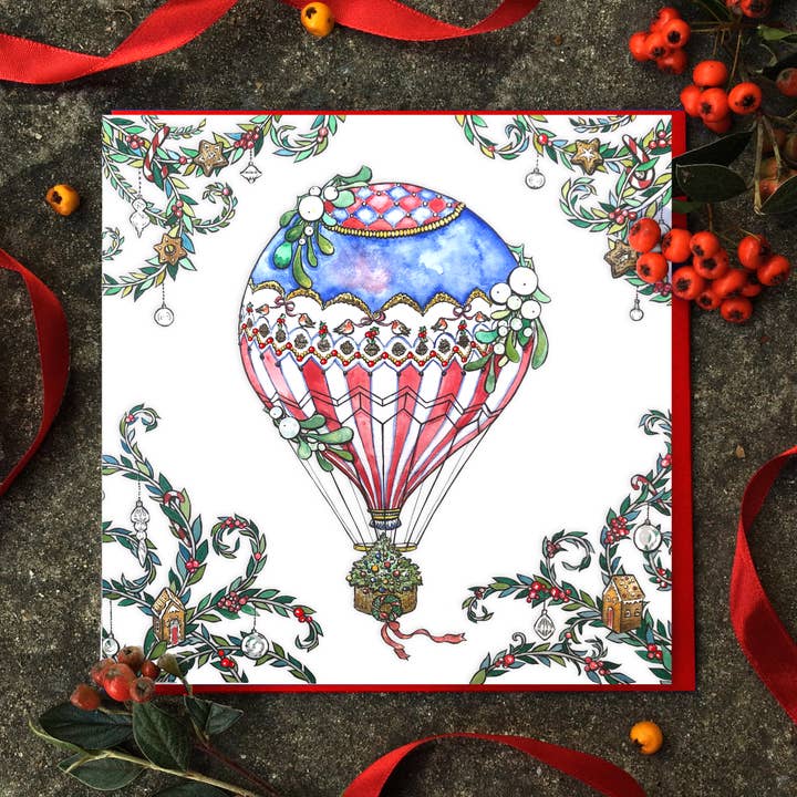 Hot Air Balloon Christmas Card. Vintage Christmas fair card. for wholesale by Wind On Paper