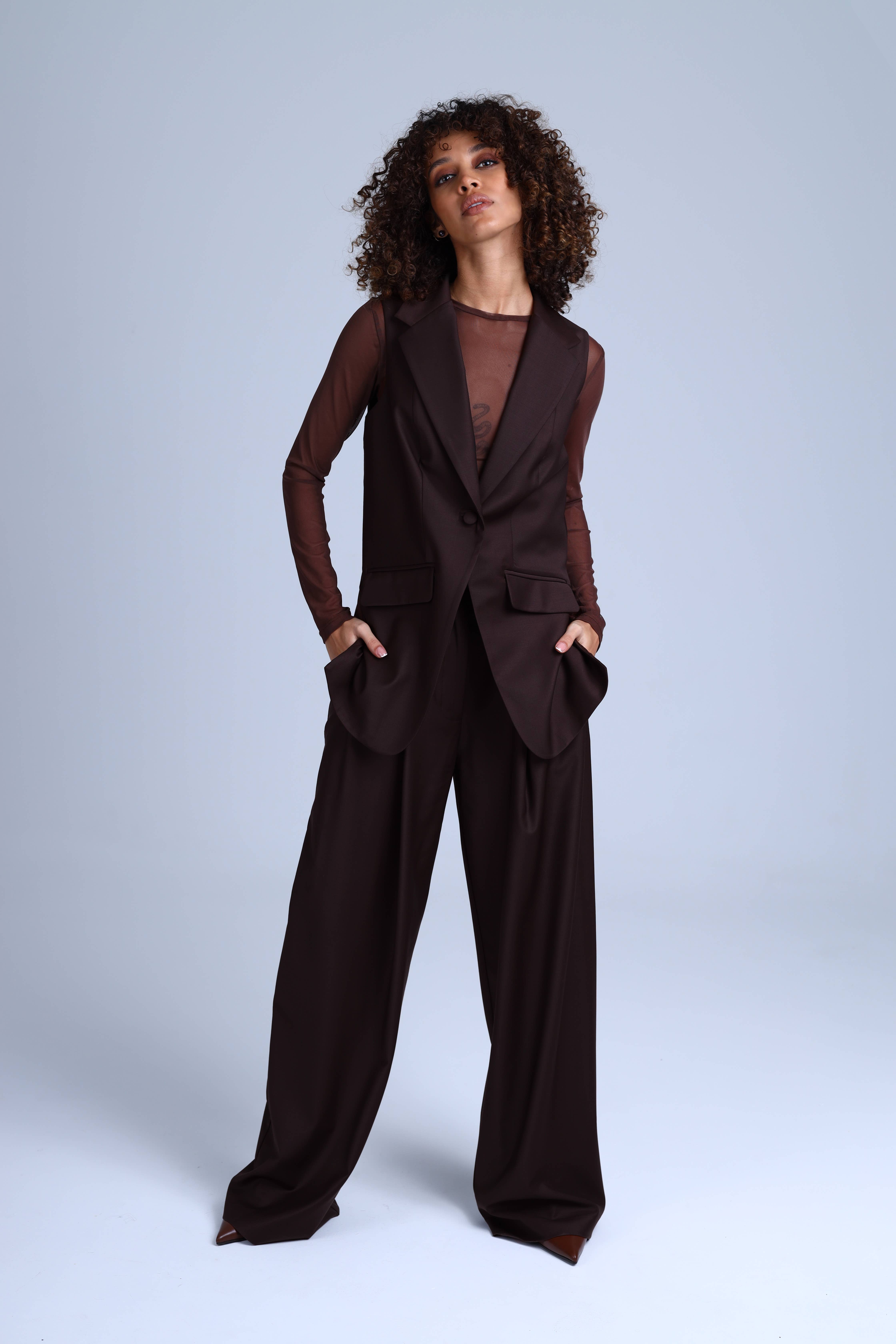 ETNA - Wholesale Suit Pants - Women's - Monica Suit Wide-leg Brown Virgin Wool Pants10