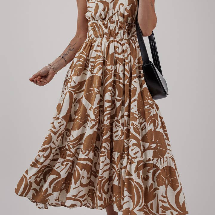 Khaki Floral Shirred High Waist Spaghetti Straps Maxi Dress for wholesale by SOCALI