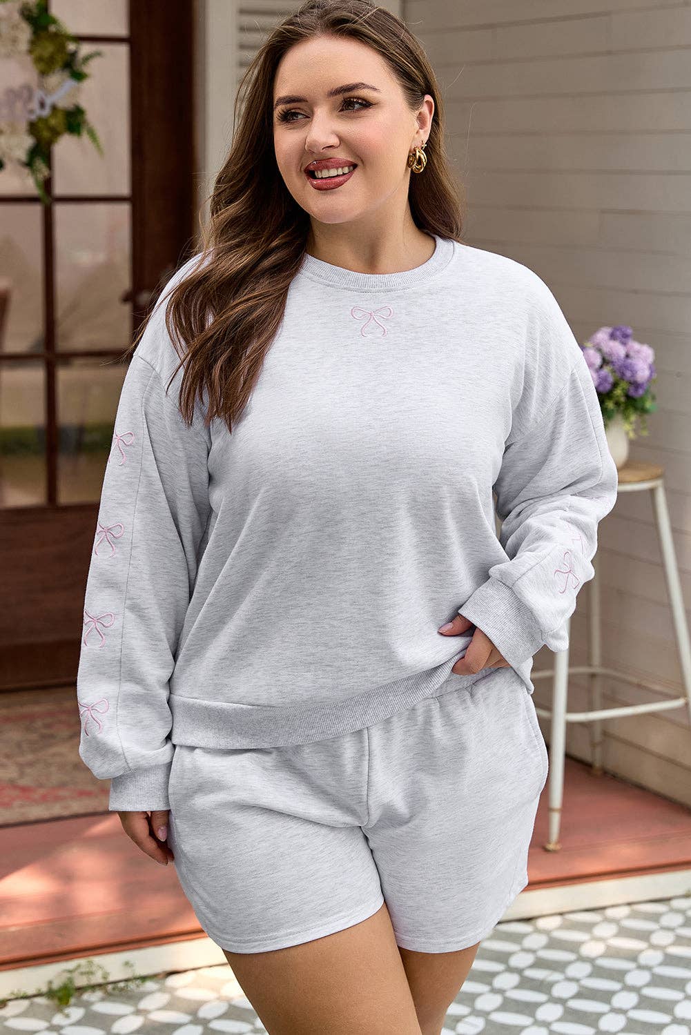 Light Grey LALALOO Plus Size Bow Embroidered Pullover and Shorts Set for wholesale on Faire3