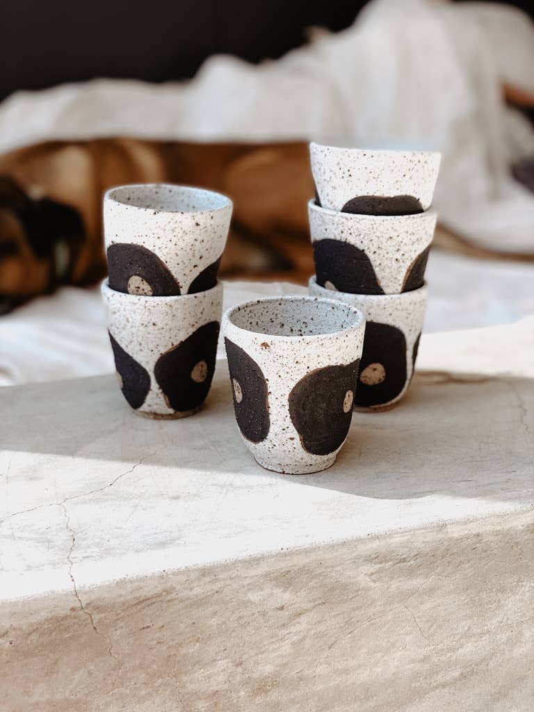 River Ceramics - Wholesale Coffee/tea cup - 'Hana' Cup - Handmade Stackable Cup with Black Flower Motif2