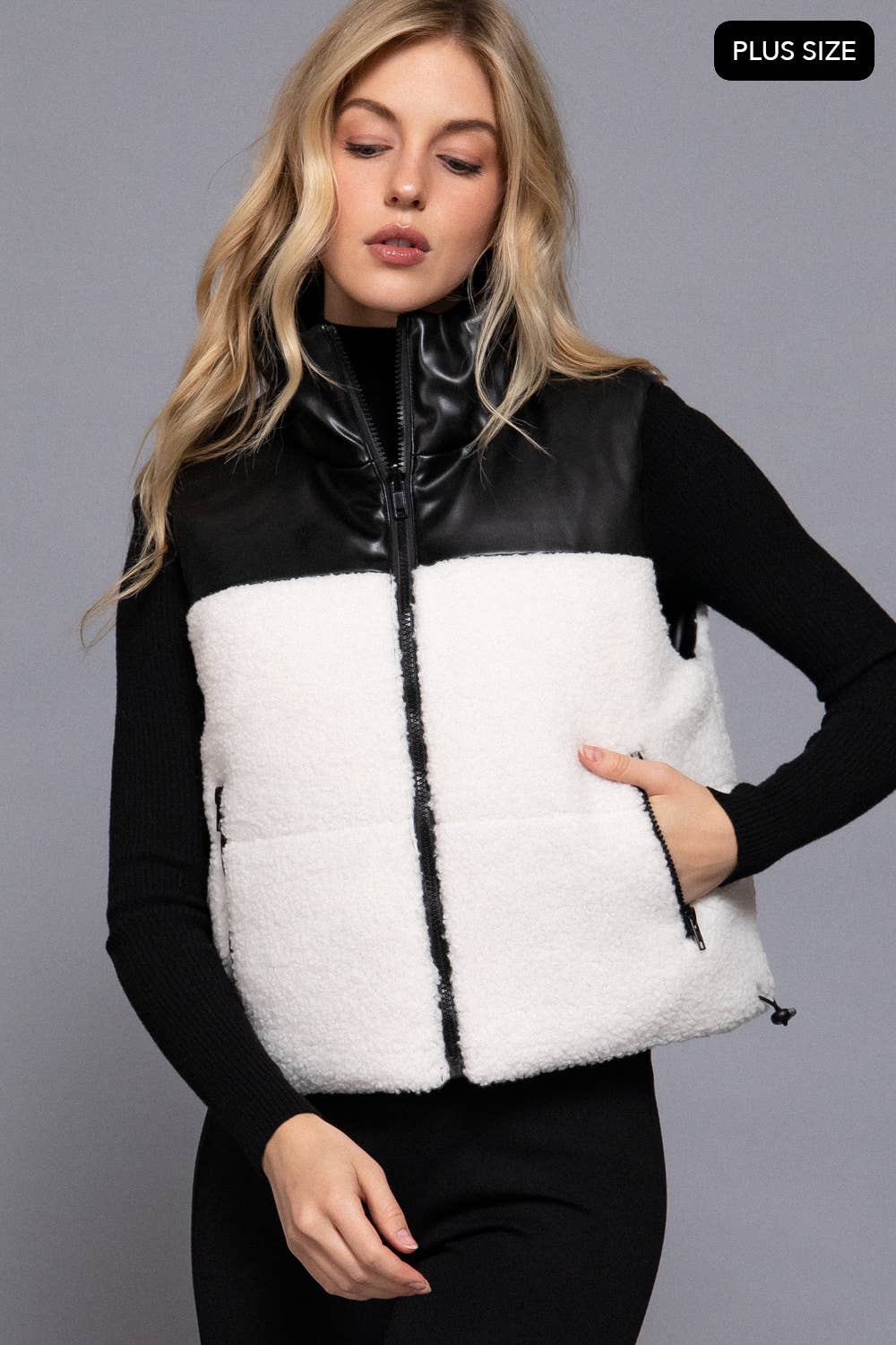 Active Basic | Active USA - Wholesale Outerwear Vest - Women's - [PLUS SIZE] Reversible Faux Leather-Sherpa Padding Crop Vest8