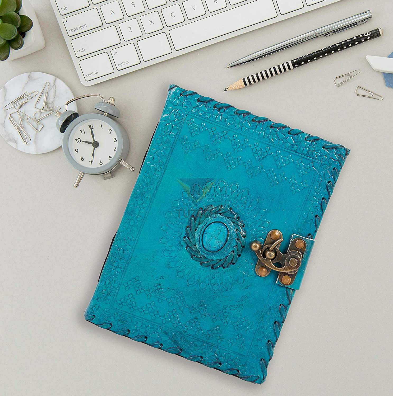 Tuzech Leather - Wholesale Journal/Diary - TUZECH Handmade Office Home Daily Use, Poem Writing Beautiful Pure Leather Luck Stone Bound Journal/Diary with C-Lock for Men and Women 8 Inches2