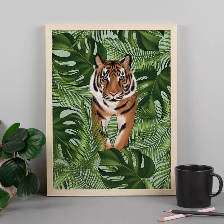 Tiger and Leaves Art Print for wholesale by Hayley Jade Design Studio