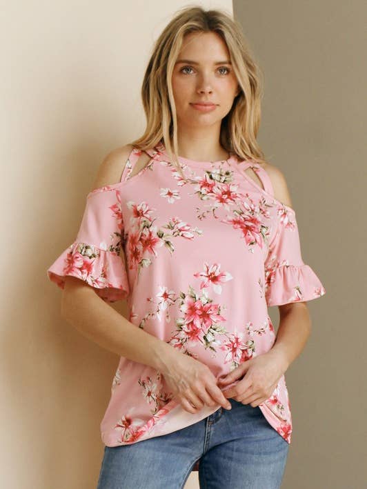 MST2439-F-San Fran Sunshine Top con hombros descubiertos y estampado floral para venta al por mayor de Moonshot Clothing