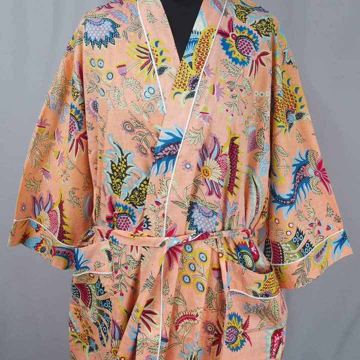 Peignoir kimono en coton, imprimé Peach Mukut pour la vente par Kantha Decor